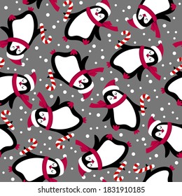 Penguin on a gray background. Seamless New Years pattern. Vector illustration.