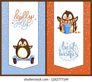 Penguin on gyroscooter and with Christmas gift box. Bird on modern transport and animal in scarf and mittens, New Year present, winter holidays vector