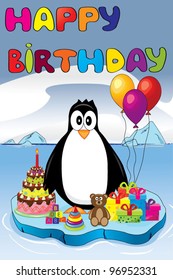 Penguin on ice with birthday gifts and cake