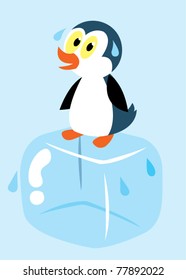 penguin on ice cube sweating