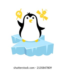 Penguin on an ice floe. Connection is lost. Mascot cartoon vector illustration.