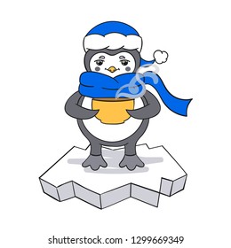 Penguin on ice floe with cup of tea in it's wings