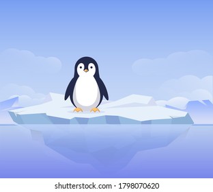 Penguin on an ice floe. Cute arctic bird happily stands on an iceberg natural ice and inhabitants of Antarctica protection and preservation of environment from vector global warming.