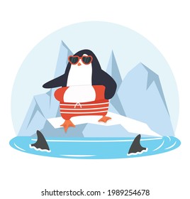 penguin on on an ice floe with fin sharks
