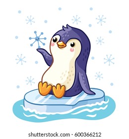 Penguin on an ice floe floats on the sea. Vector illustration of arctic animals in a children's style.