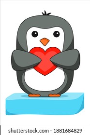 Penguin on ice floe with heart for valentine's day