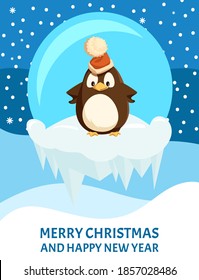 Penguin on ice floe in Santa hat, Christmas card. Winter holiday, bird in glass ball, icicles and snowflakes, Arctic animal vector, New Year greeting