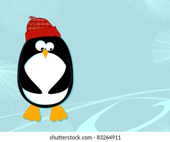 Penguin on ice landscape - Stylized cartoon of a penguin in a knit cap on an ice landscape backdrop