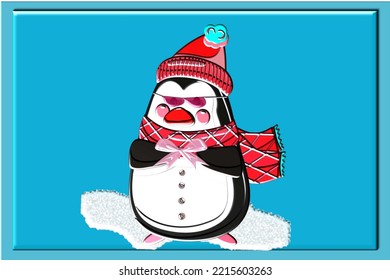 Penguin on the ice. Red hat, pink glasses, red scarf. Blue background frame.Vector image.
