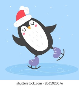 Penguin on ice skates with red hat.