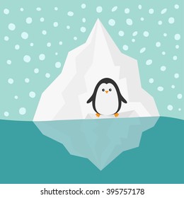 Penguin on Iceberg Blue water Snow in the sky Flat design Winter background Vector illustration