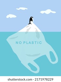 penguin on the iceberg eco poster. Plastic bag in the ocean 