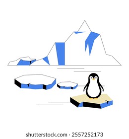 Penguin On Icebergs With Polar Landscape, Flat Vector Illustration Symbolizing Wildlife Conservation And Arctic Ecosystem, Isolated On White Background.