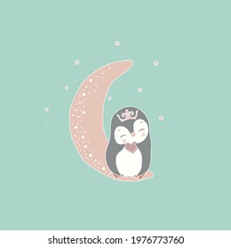 penguin on the moon. Childrens illustration Vector illustration