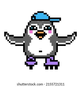 Penguin on roller skates, cute pixel art animal character isolated on white background. Old school retro 80's, 90's 8 bit slot machine, video game graphics. Cartoon mascot. Summer outdoor activity.
