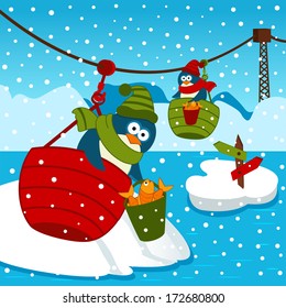 penguin on ropeway - vector illustration