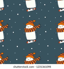 Penguin on skateboard hand drawn colorful vector seamless pattern on dark background