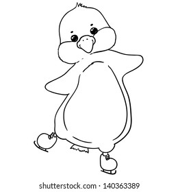 Penguin on skates, contour, isolated on white
