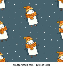 Penguin on skates hand drawn colorful vector seamless pattern on dark blue background