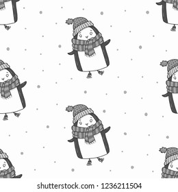 Penguin on skates hand drawn black and white vector seamless pattern