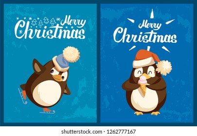 Penguin on skates and with ice cream greeting card. Skating bird in hat with bubo, dessert in waffle cone, Santa hat, CHristmas and New Year vector