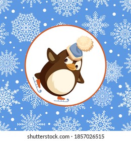Penguin on skates isolated vector animal in round frame decorated by snowflakes. Flightless bird skating. Vector Arctic animal, Christmas cartoon character