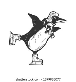 penguin on skates sketch engraving vector illustration. T-shirt apparel print design. Scratch board imitation. Black and white hand drawn image.