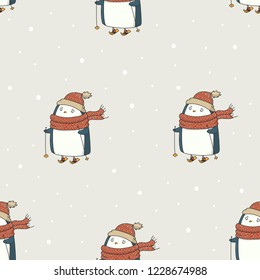Penguin on ski hand drawn colorful vector seamless pattern