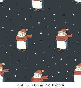 Penguin on ski hand drawn colorful vector seamless pattern on dark background
