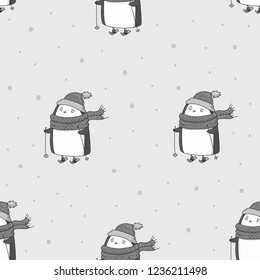 Penguin on ski hand drawn black and white vector seamless pattern