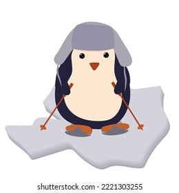 Penguin on skis and in a cap with ear flaps on an ice floe. Winter clipart.