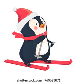 Penguin on skis. Penguin cartoon vector illustration.