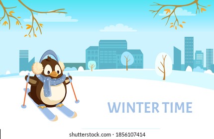 Penguin on skis in city, winter time and holidays. bird in earmuffs and scarf skiing on snow with cityscape behind, animal doing sports, skyscrapers vector