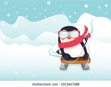 Penguin on sled. Penguin cartoon vector illustration. Sledging