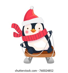 Penguin on sled. Penguin cartoon vector illustration.