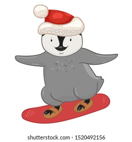 Penguin on a snowboard isolated on a white background.