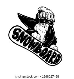 Penguin on a snowboard. Snowboarder. Vector illustration