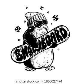 Pingüino en snowboard. Snowboard. Ilustración del vector