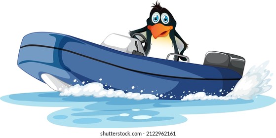 Penguin on a speed boat in cartoon style illustration