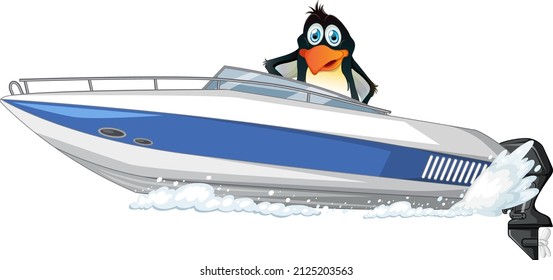 Penguin on a speed boat in cartoon style illustration
