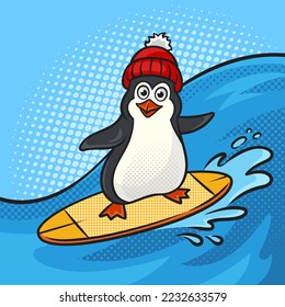 penguin on surfboard rides on sea wave pinup pop art retro vector illustration. Comic book style imitation.