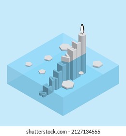 Penguin On Text Wording Iceberg. Global Warming And Ice Melting Concept Of Sea Level Rise, World Flood, Climate Change, Greenhouse Effect And Floating Glacier In Arctic, Antarctic And North Pole.