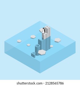 Penguin On Text Wording Iceberg. Global Warming And Ice Melting Concept Of Sea Level Rise, World Flood, Climate Change, Greenhouse Effect And Floating Glacier In Arctic, Antarctic And North Pole.