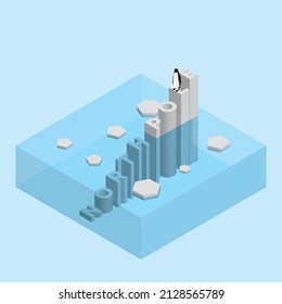 Penguin On Text Wording Iceberg. Global Warming And Ice Melting Concept Of Sea Level Rise, World Flood, Climate Change, Greenhouse Effect And Floating Glacier In Arctic, Antarctic And North Pole.