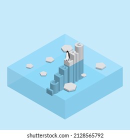 Penguin On Text Wording Iceberg. Global Warming And Ice Melting Concept Of Sea Level Rise, World Flood, Climate Change, Greenhouse Effect And Floating Glacier In Arctic, Antarctic And North Pole.