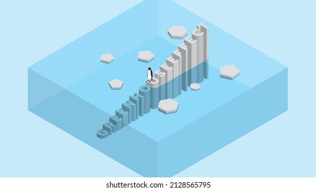 Penguin On Text Wording Iceberg. Global Warming And Ice Melting Concept Of Sea Level Rise, World Flood, Climate Change, Greenhouse Effect And Floating Glacier In Arctic, Antarctic And North Pole.