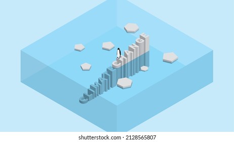 Penguin On Text Wording Iceberg. Global Warming And Ice Melting Concept Of Sea Level Rise, World Flood, Climate Change, Greenhouse Effect And Floating Glacier In Arctic, Antarctic And North Pole.