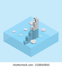 Penguin On Text Wording Iceberg. Global Warming And Ice Melting Concept Of Sea Level Rise, World Flood, Climate Change, Greenhouse Effect And Floating Glacier In Arctic, Antarctic And North Pole.