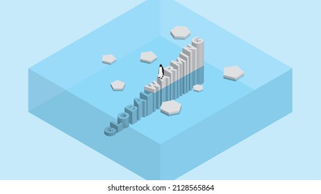 Penguin On Text Wording Iceberg. Global Warming And Ice Melting Concept Of Sea Level Rise, World Flood, Climate Change, Greenhouse Effect And Floating Glacier In Arctic, Antarctic And North Pole.