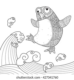 penguin on wave. black and white hand drawn doodle for adult antistress coloring page. and for tattoo, poster, print, t-shirt